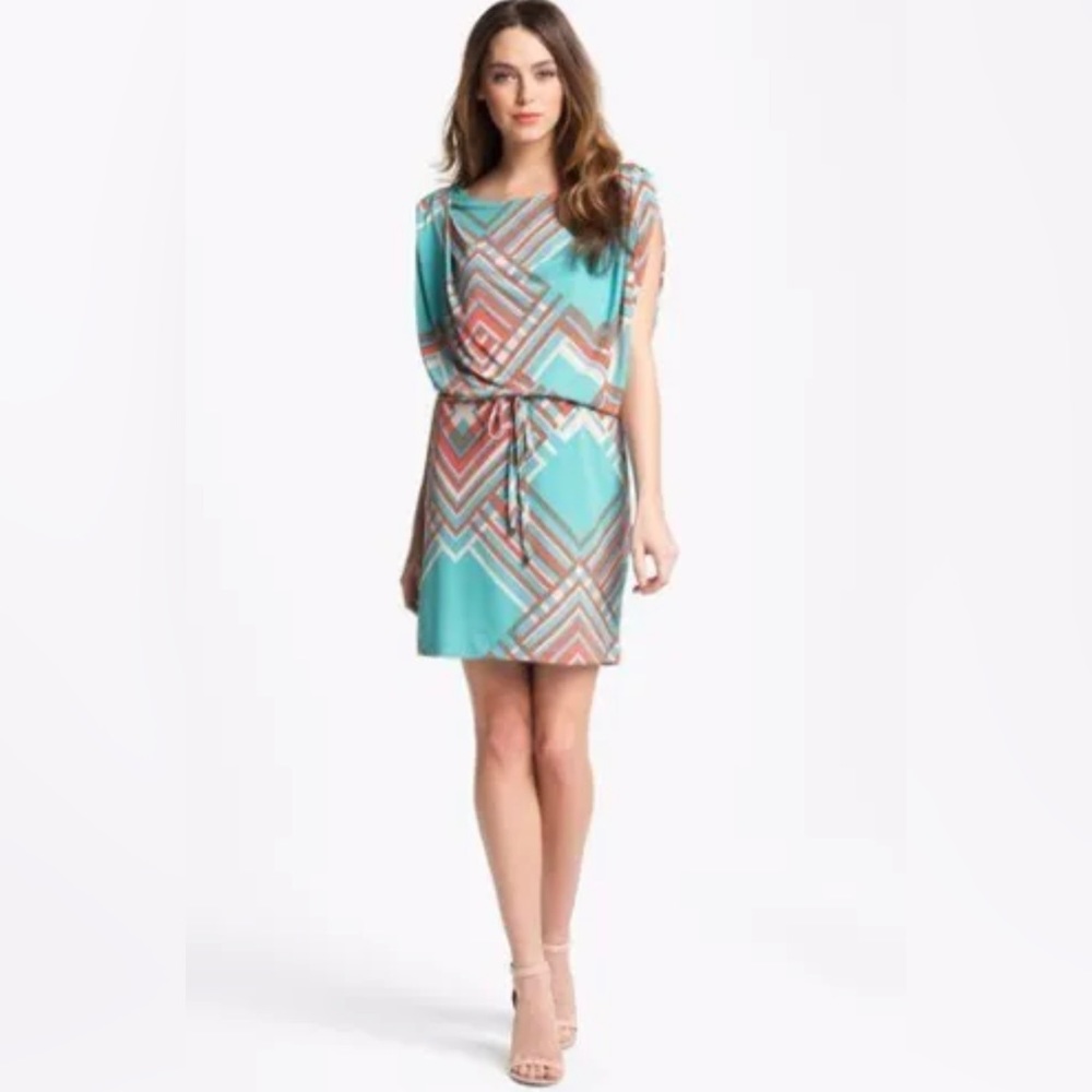 Jessica Simpson Women's Blue Brown Dolman Printed Blouson Jersey Dress Size L